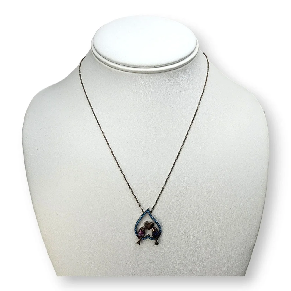 Adorable Lovebirds Necklace Sterling Silver 925 Goldwash Ruby Spinel Turquoise